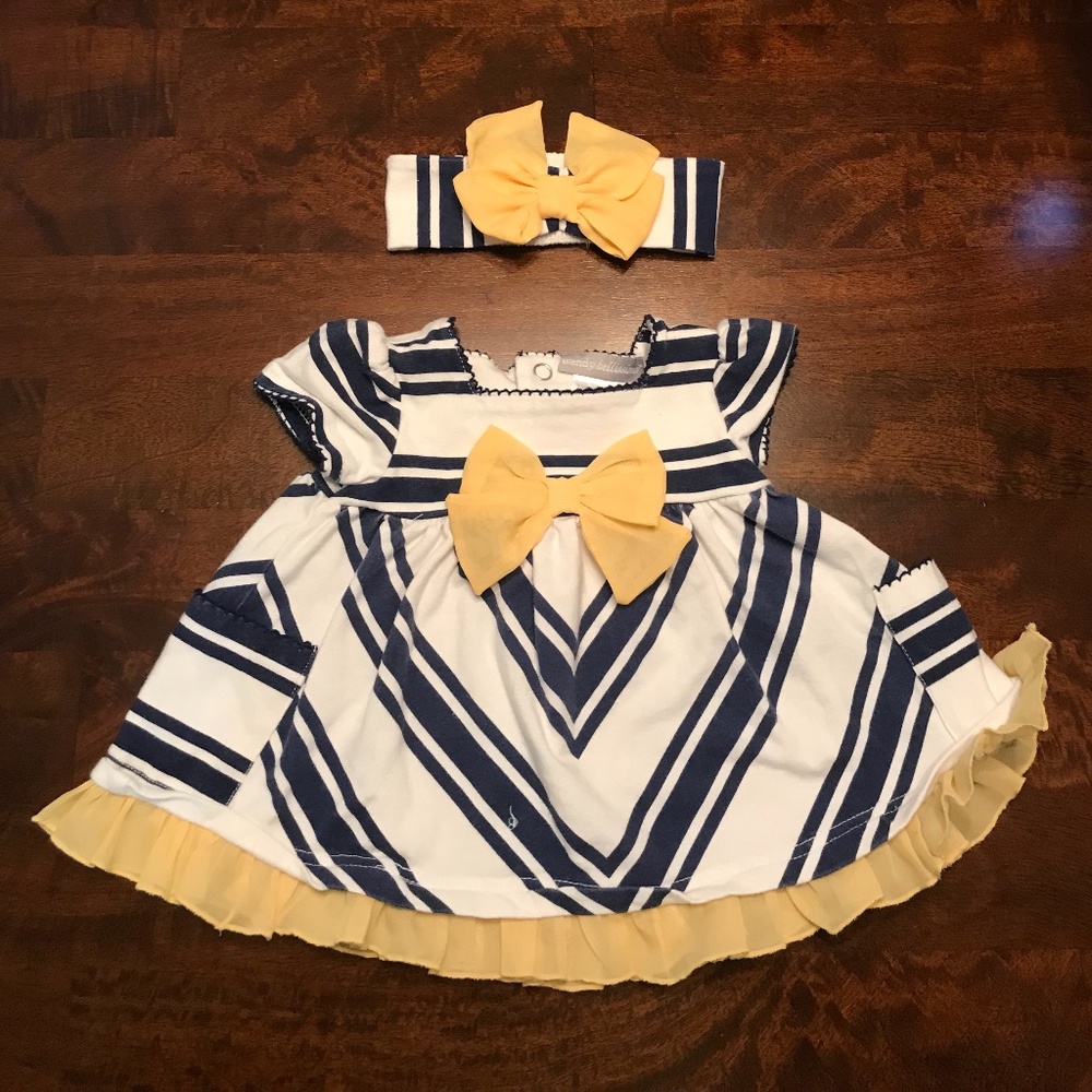 Baby Girl Dress W/ Bow - Navy/Yellow - 3 MO